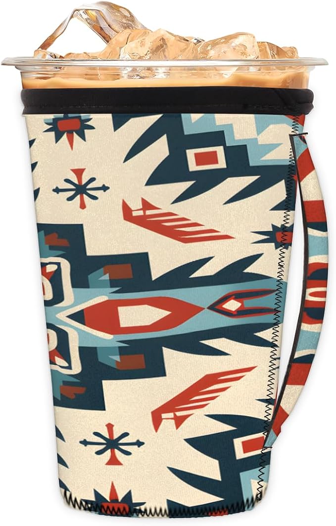 Reusable Iced Coffee Cup Sleeve Aztec Western Neoprene Insulated Sleeves Cup Holder with handle Idea for 30oz - 32oz