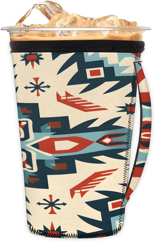 Reusable Iced Coffee Cup Sleeve Aztec Western Neoprene Insulated Sleeves Cup Holder with handle Idea for 30oz - 32oz
