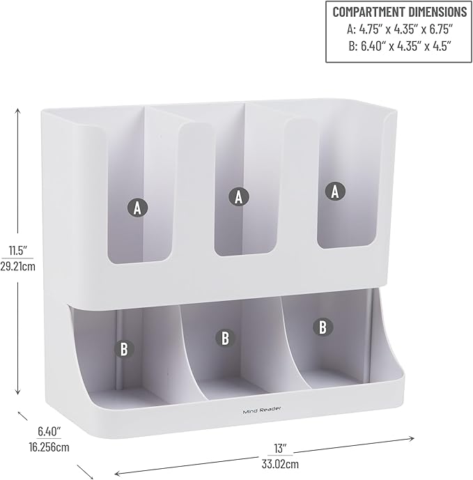 Mind Reader 6 Compartment Upright Breakroom Coffee Condiment and Cup Storage Organizer, White