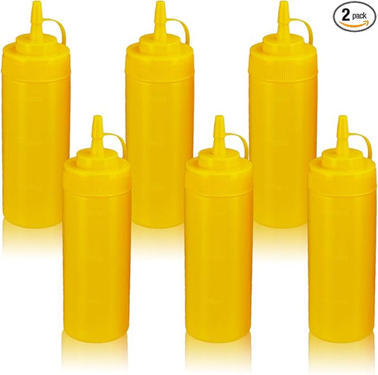 Squeeze Bottles for Sauces,Leak-Proof Condiment Dispenser, BPA-Free Kitchen Restaurant Squeeze Bottle Set with Wide Mouth for Ketchup, Mustard,Syrup,Dressings (Yellow, 6Pack-12oz(300ml))