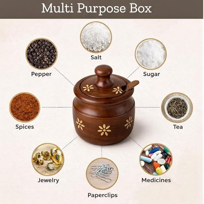 Handcrafted Sheesham Wood Spice Jar with Spoon & Lid | Decorative Wooden Sugar/Spice Container with Brass Inlay | Traditional Kitchen Storage Pot