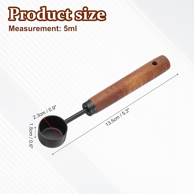 uxcell Measuring Spoon, 5ml Stainless Steel Coffee Scoop Spoon with with Wood Handle for Ground Coffee Tea Sugar Cooking Baking, Black