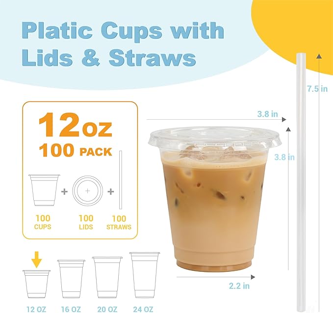 Coolcap 12 oz 100 Pack Disposable Clear Plastic Cups with Lids and Straws, Food Safe Bulk Iced Coffee Cups for Smoothies, Milkshakes and Other Cold Drinks