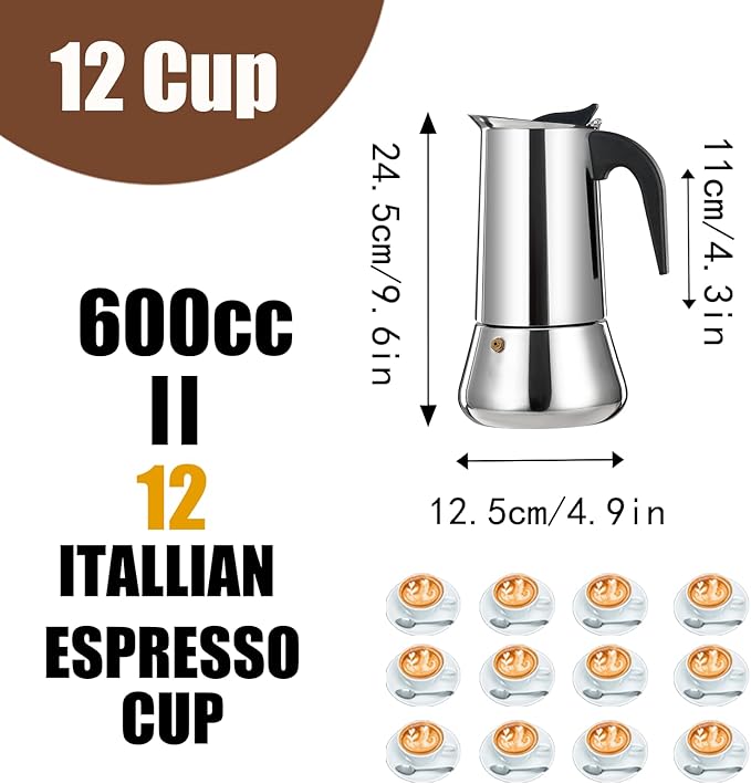 DITOSH 12 Cup Stovetop Espresso Maker Stainless Steel Moka Pot Stove Top Percolator Italian Coffee Makers Capable Mocha Greca Machine Cafe Classic Induction Cookers for Home and Camping 600ml 20oz