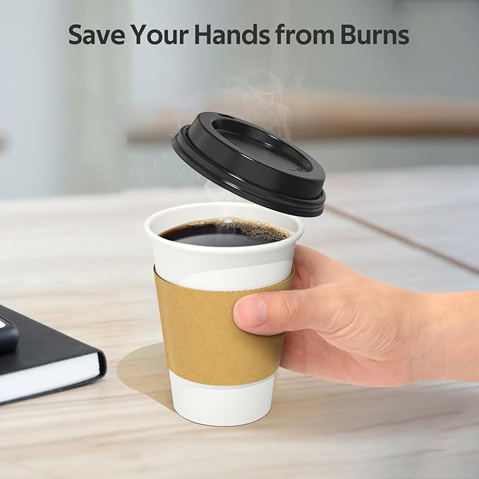 Dealusy 100 Pack 12 oz Disposable Coffee Cups with Lids and Sleeves, Sturdy Thick Paper & Leak-free Insulated to Go Paper Hot Coffee Cups with Sip Lids for Hot & Cold Beverage | with Lids, and Sleeves, Sturdy, Leak-free, Insulated, to Go Coffee Cups