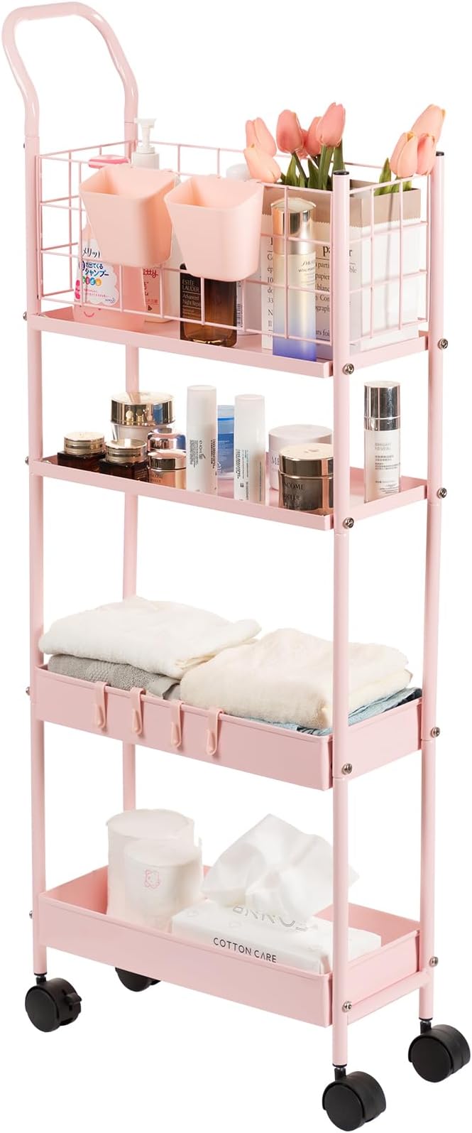 danpinera 4 Tier Slim Cart with Wheels, 7.7’’ Metal Skinny Rolling Storage Cart on Wheels for Kitchen, Bedroom, Office, Laundry Room, Small Narrow Spaces with Hooks and Cups, Pink