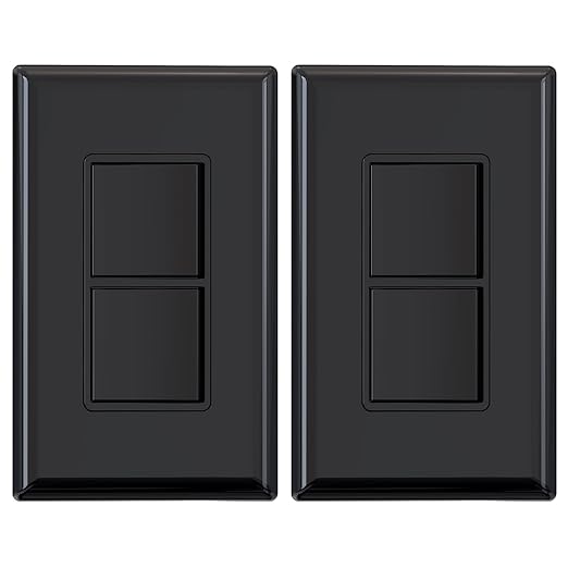 ELEGRP Decorator Double Rocker Light Switch, Two Single Pole Electrical Paddle, 15A 120V, In-Wall On/Off, With Screwless Wall Plate, Self-grounding, UL Listed (2 Pack, Glossy Black)