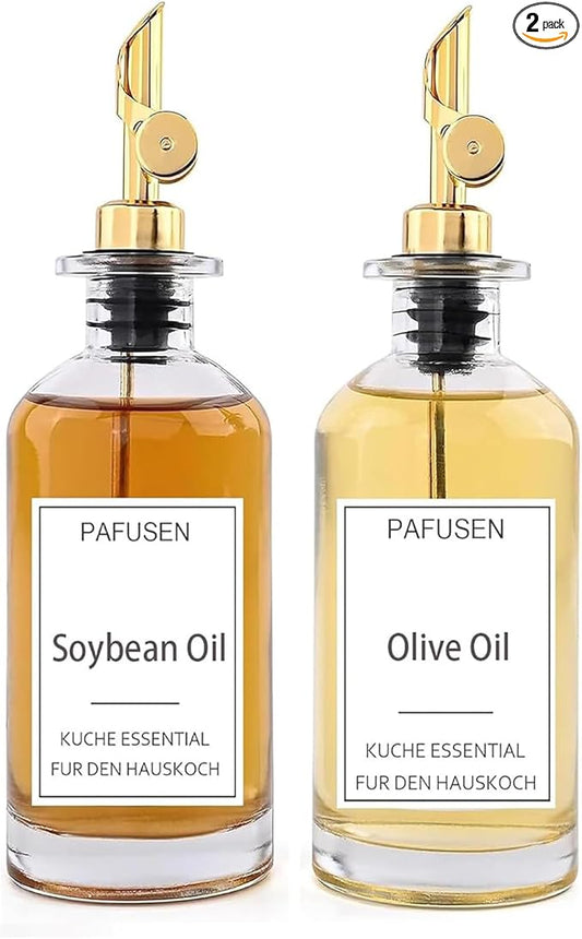Pafusen 2 Pack Olive Oil Dispenser Bottle, 12 oz Oil Bottles for Kitchen, Glass Oil Coffee Syrup Dispenser, Simple Syrup Bottles with 2 Auto Flip Olive Oil Pourers, Gold