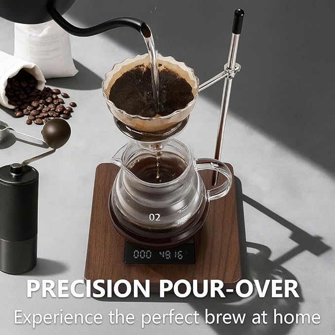 COZYGIFT Pour Over Coffee Maker Stand with American Black Walnut Base, Stainless Steel Adjustable Dripper Holder, Wooden Brewing Station, Cone Brewer Rack, Barista Accessories & Kitchen Coffee Décor