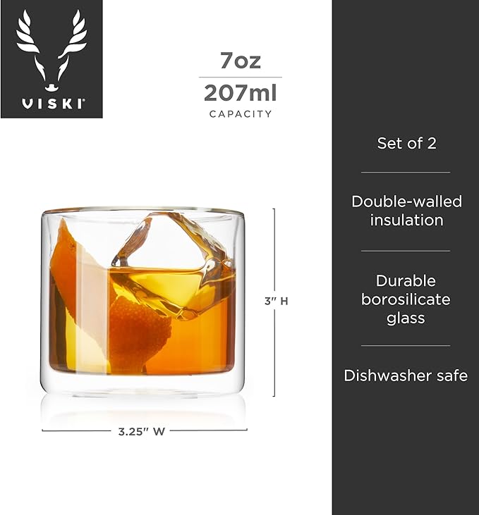 Viski Double Walled Old Fashioned Glasses - Insulated Borosilicate Glass Tumblers - Glass Cups for Bourbon, Whiskey, Scotch, Brandy, and Cocktails - 7 oz, Set of 2