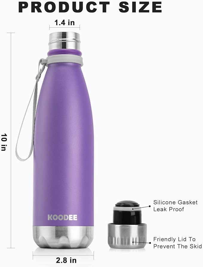 koodee 17 oz Stainless Steel Double Wall Vacuum Insulated Water Bottle,Kids Water Bottle for School, Cola Shape Leak Proof Sports Flask (Purple)