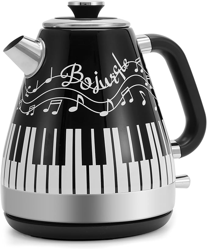 Electric Kettle with Piano & Musical Notes Design, 1.7L Stainless Steel Interior, 1200W Fast Water Boiler for Tea & Coffee, Cordless with Auto Shut-Off, Unique Musician Gift & Kitchen Decor