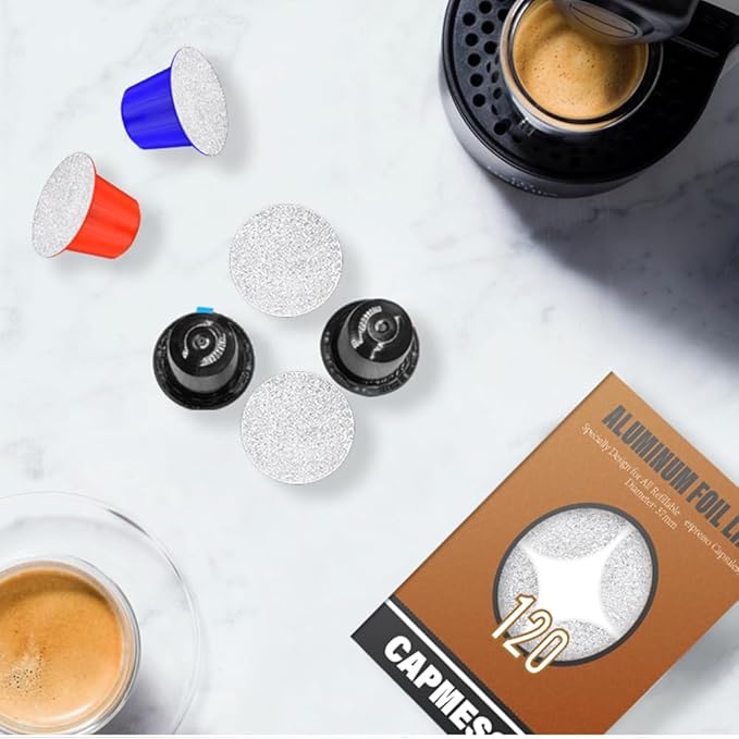 CAPMESSO Coffee Capsules Foil Seals -Aluminum Lids Foil Stickers to Reuse Nespresso Original Capsules Refillable Pods Compatible with Nespresso Original Line Machines (V2-120 Lids(37mm))