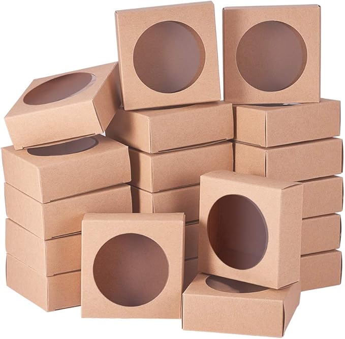 BENECREAT 24 Packs Brown Kraft Square Paper Boxes Gift Wrapping Box with Round Clear Window 4x4x0.9 for Party Favor Treats, Jewelry, Gift Packaging