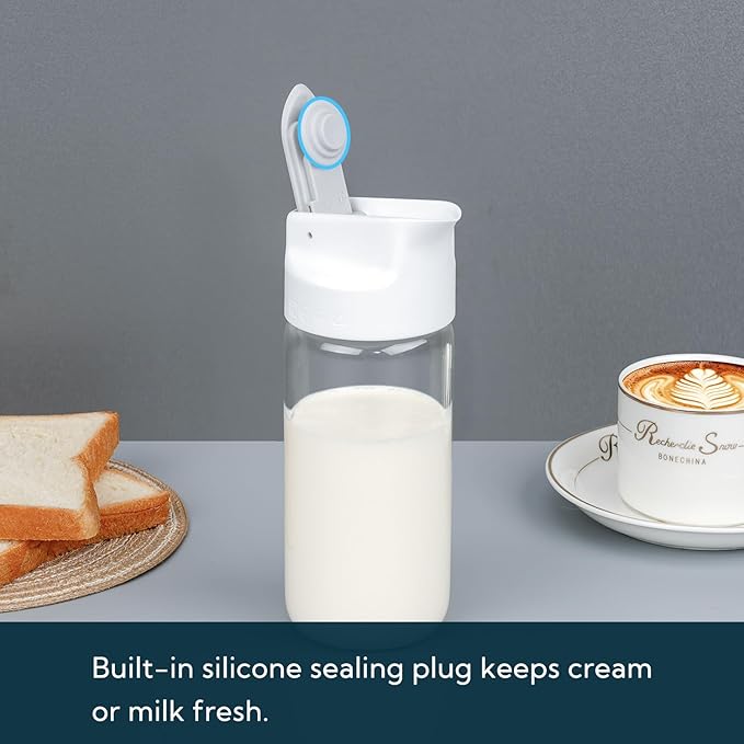 KITCHENDAO Glass Creamer with Fresh-Keeping Lock Mechanism, Drip-free Spout, 12 oz Milk Pitcher with Lid, Borosilicate Glass Creamer Container, Dishwasher Safe