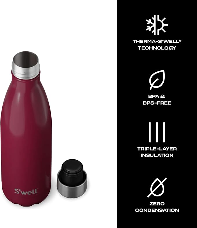 S'well Stainless Steel Water Bottle, 17oz, Wild Cherry, Triple Layered Vacuum Insulated Containers Keeps Drinks Cold for 36 Hours and Hot for 18, BPA Free, Perfect for On the Go