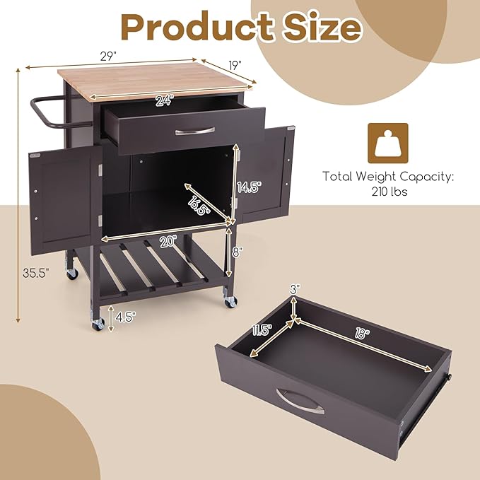 Giantex Rolling Kitchen Island Cart, Mobile Serving Cart with Drawer, 2-Door Storage Cabinet, Storage Shelf, Towel Rack, Food Prep Utility Cart on Wheels for Dining Room, Living Room (Brown)