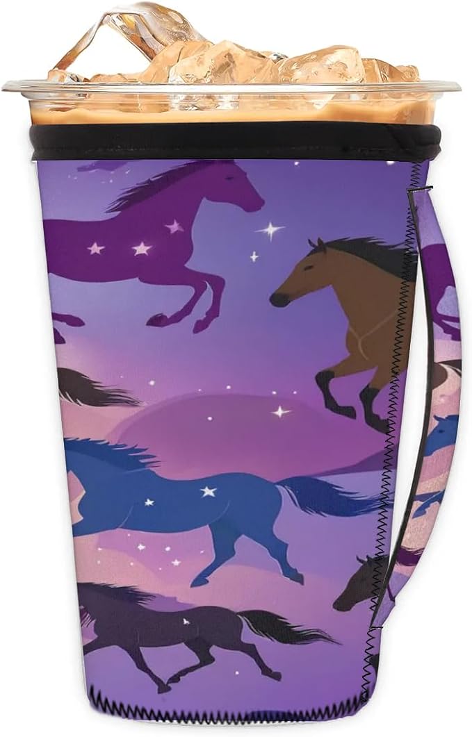 Reusable Iced Coffee Sleeve with Handle, Purple Horses Neoprene Cup Sleeve Colorful Horse Art Insulator Cup Holder for Cold Drinks Beverages 16oz - 18oz