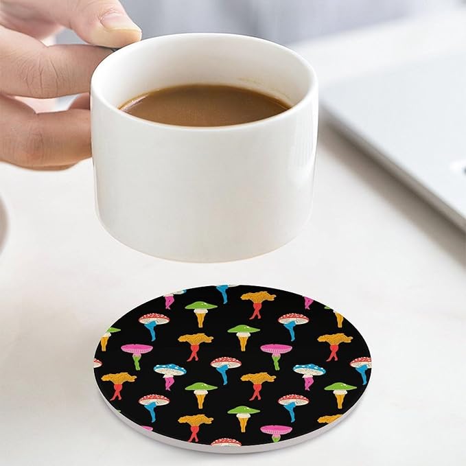 Round-4PCS Botanical Ceramic Coasters, Round Absorbent Drink Coasters, Cartoon Botanical Colorful Mushroom Pattern Ceramic Table Coasters for Coffee, Beverage, Wine, Beer Coasters
