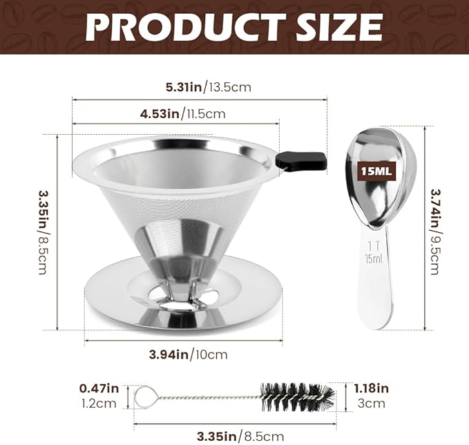 Pour Over Coffee Dripper,Upgraded Double Micro Mesh Filter With Cleaning Brush & 15g Measuring Scoop,Stainless Steel Reusable Coffee Filters Metal Cone-Filter Paperles(3-4cups)