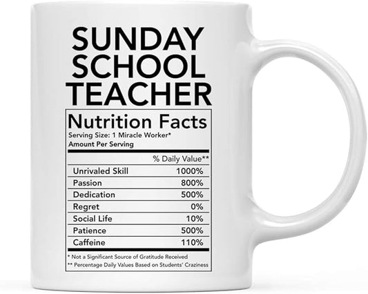 Andaz Press 11oz. Ceramic Coffee Tea Mug Thank You Gift, Sunday School Teacher Nutritional Facts, 1-Pack, Funny Gift for Sunday School Teacher