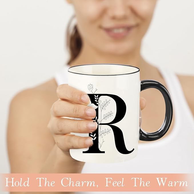 Monogram Ceramic Coffee Mugs, 11 oz Initial Drinking Cup with Gift Box, Unique Birthday Christmas Gifts for Women Wife Mothers Day Grandma Mom Aunt, R