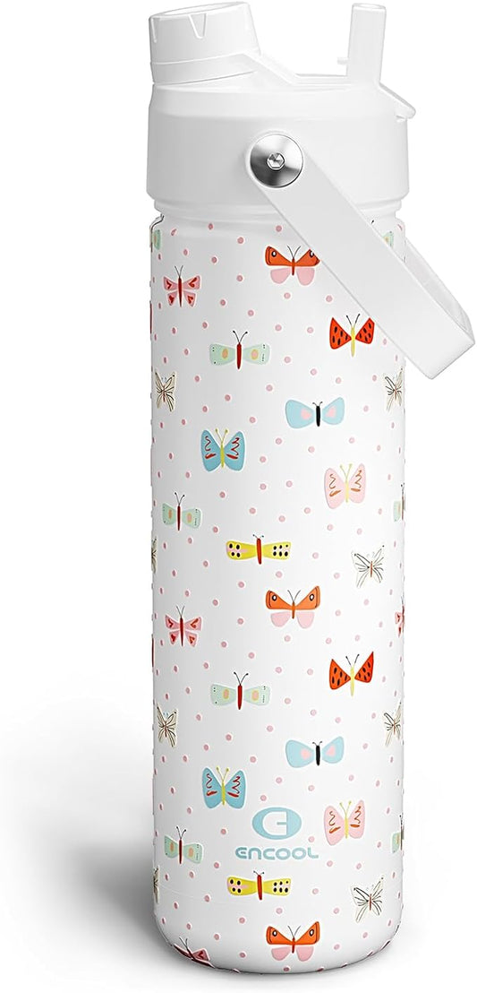 ENCOOL Insulated Water Bottle with Straw Stainless Steel Water Bottle, Leak-Proof, BPA-Free, Double Wall Vacuum Keeps Cold for 24 Hours for Sports, Travel, School (26 oz, Cute Butterfly)