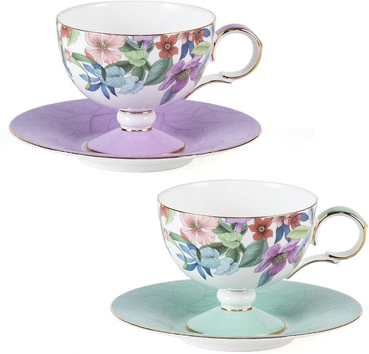 KAMMAK Ceramic Coffee Cups Saucers Set of 2, Porcelain Espresso Cups with Saucers, 6.52 oz Handmade Elegant Bone China Tea Cup, Ceramic Floral Pattern Demitasse for Latte, Americano, Cappuccino