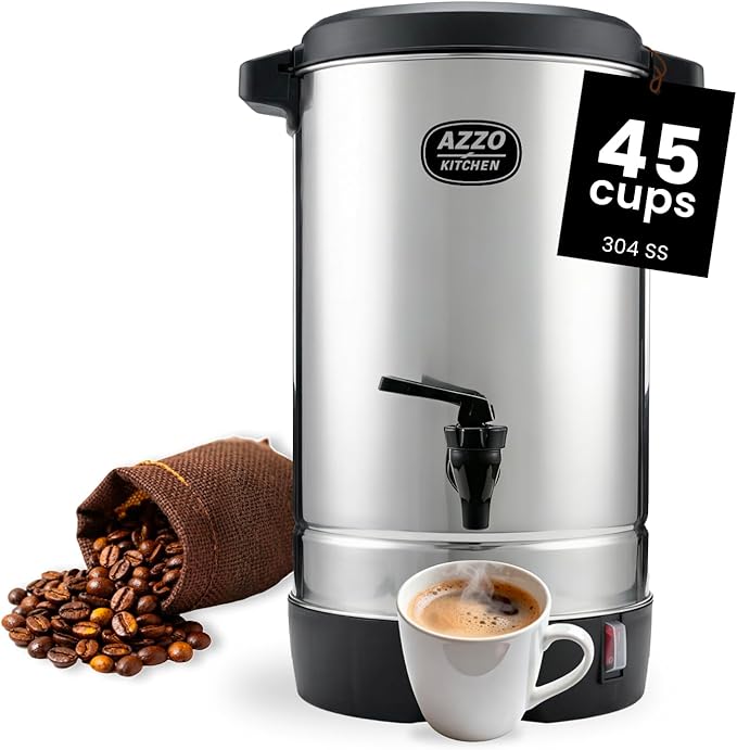 AZZO KITCHEN Commercial Coffee Maker 45-Cup Large Coffee Urn with Percolator Coffee Pot Electric 6.9L Stainless Steel Fast Brew Hot Water Dispenser for Tea Catering Events Home Office Easy Cleaning
