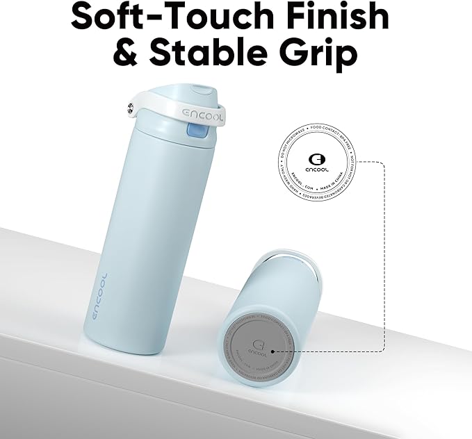 ENCOOL Leakproof Insulated Water Bottle with Straw Dual-Sip Water Bottle Bag-Safe Design for Work, Commute & Gym – Keeps Drinks Cold All Day, 18 oz, Frost Blue