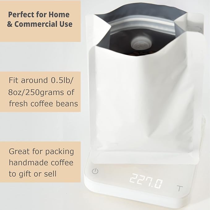 High Barrier Aluminum Foil Liner Wihite Coffee Bags, Resealable Coffee Pouches with Degassing Valve, Ziplock Food Storage Bags with Pull Tape(8oz/0.5lb/250gram, Pack of 100)