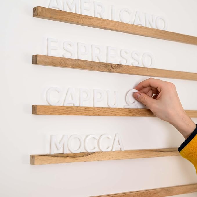 Inko Horeca Wooden Wall Letter Board - Set of 10 Oak Rails + 400 Changeable White Letters - Floating Wall Menu Display Shelf for Cafe, Bar, Kitchen, and Home Decor