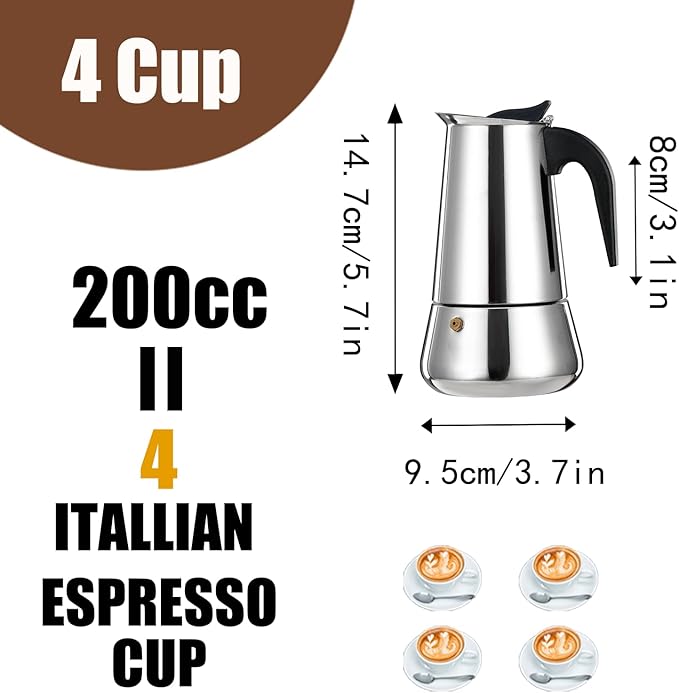 DITOSH 4 Cup Stovetop Espresso Maker Stainless Steel Moka Pot Stove Top Percolator Italian Coffee Makers Capable Mocha Greca Machine Cafe Classic Induction Cookers for Home and Camping 200ml 6.6oz