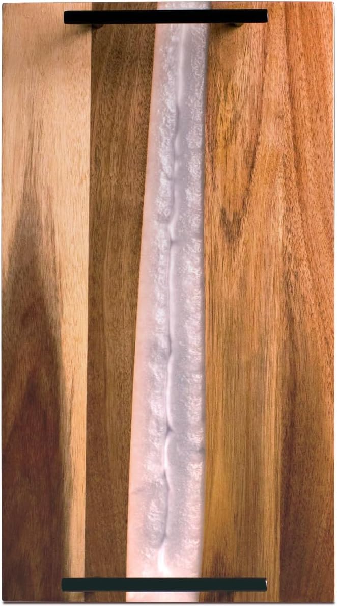 Comfify Visually Stunning Pearl White Resin + Acacia Wood Charcuterie Serving Board with Handles - 16x9 Serving Tray for Food, Breakfast in Bed, Coffee Table, Decor, Organization, Snacks, Patio, BBQ