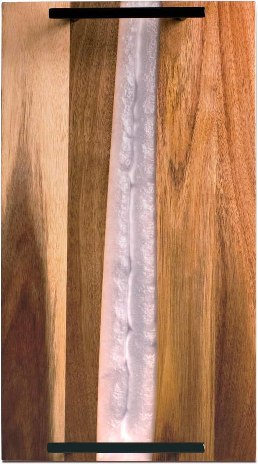 Comfify Visually Stunning Pearl White Resin + Acacia Wood Charcuterie Serving Board with Handles - 16x9 Serving Tray for Food, Breakfast in Bed, Coffee Table, Decor, Organization, Snacks, Patio, BBQ