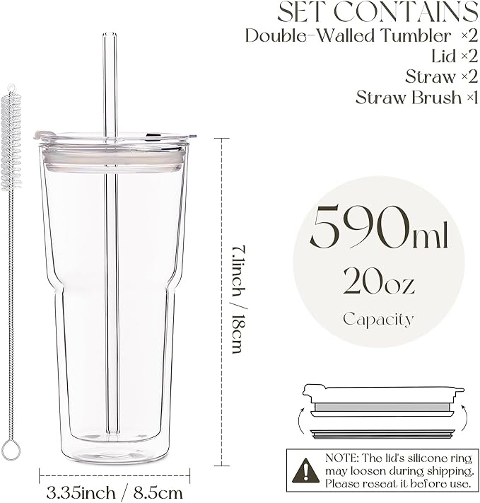 KEMORELA 2PCS 20oz Double Wall Glass Tumblers with Lids and Straws – Insulated Borosilicate Glass Matcha Cups for Iced Matcha Latte, Smoothies, Reusable Travel Glass Cups – Leak Proof 2-in-1 Lid