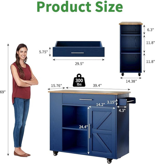 4 EVER WINNER Kitchen Island with Storage, Kitchen cart with Spice Rack & Towel Rack, Cabinet & Drawer, Small Kitchen Island with Open Shelves, Blue