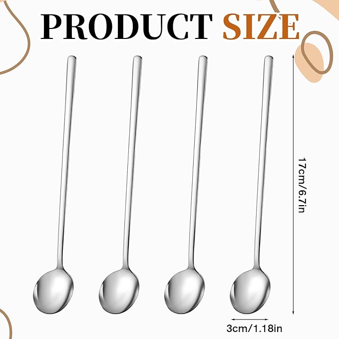 Thinp 4 Pcs Stainless Steel Coffee Spoon, 6.7 Inch Ice Tea Spoon Long Handle Espresso Spoons-Long Spoons for Stirring Cocktail Coffee Tea Ice Cream Dessert Cake (Silver)