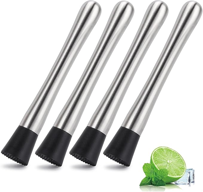 4 Pack Muddlers for Cocktail 304 Stainless Steel Fruit Crusher 9.8" Long Ice Crusher for Bar Party and Home