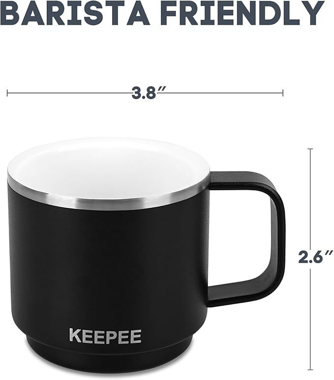 4 oz Stackable Cup with Handle, Vacuum Insulated Espresso Coffee Cup with Ceramic Lining, Stainless Steel, 2 Pack, Black