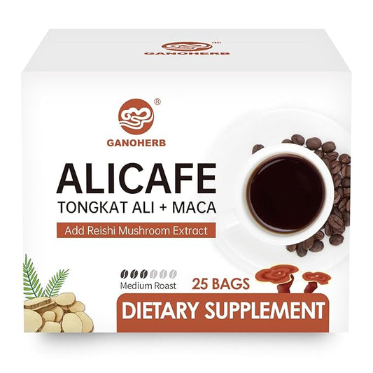 GANOHERB Maca Energy Coffee for Men, Women Herbal Coffee with Tongkat Ali, Maca Root, Reishi Mushroom Extract for Energy & Focus - 1 box (25 Packets)