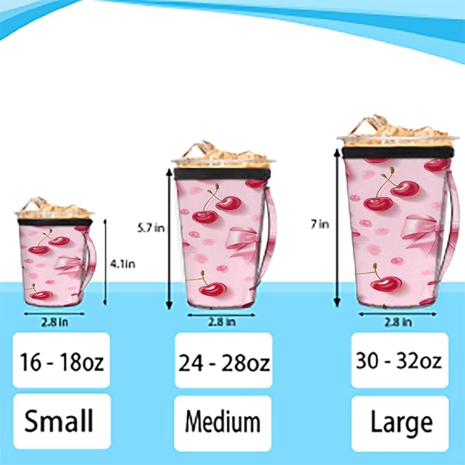 Reusable Iced Coffee Cup Sleeve Pink Bows Neoprene Insulated Sleeves Cup Holder with handle Idea for 24oz - 28oz