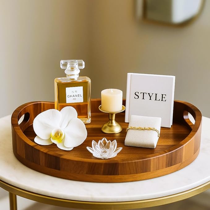 Acacia Wood Serving Tray with Handles, Premium Coffee Table Decor, 16.5”x12.5”, Oval Design, Breakfast in Bed, Decorative Ottoman Tray for Living Room, Serving Platter, Coffee Table, Candle Display