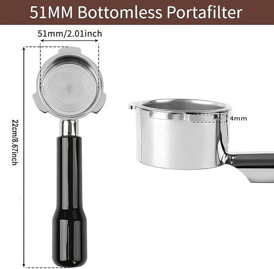 51mm Bottomless Portafilter for CM5418, Compatible for CASABREWS Espresso Machine CM5418, 3700Essential, 5418Pro, 5418J and 5418Basic, Stainless Steel Filter Holder and Filter, Black