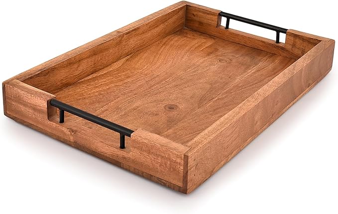 Tray with Metal Handles Acacia Wood Serving Tray Decorative Ottoman Coffee Table Tray for Living Room Kitchen Food Tray (15" X 10" X 1.6")
