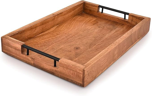 Tray with Metal Handles Acacia Wood Serving Tray Decorative Ottoman Coffee Table Tray for Living Room Kitchen Food Tray (15" X 10" X 1.6")