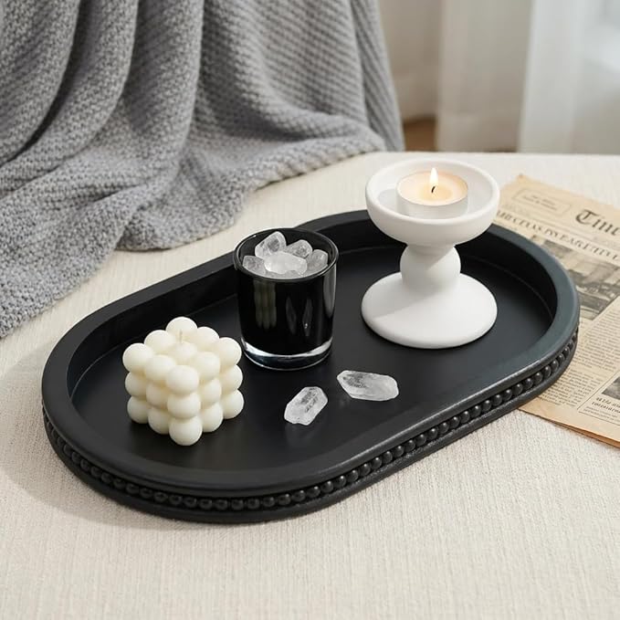 Hanobe Decorative Trays for Coffee Table : Black Oval Centerpiece Tray Wood for Farmhouse Entry Table Decor Round Bathroom Tray for Living Room Kitchen Counter