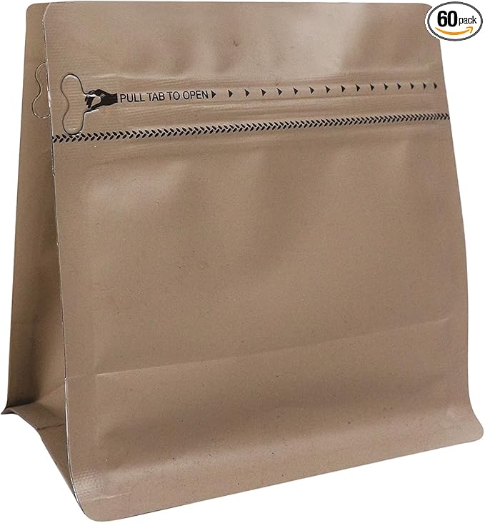 60 Pack High Barrier Stand-Up Coffee Bean Bags with Vented Valve Matte Metallic Heat-Sealable & Resealable Solid Color Pouches (Square,7.7 * 8 inch,1 lb,Light Brown)