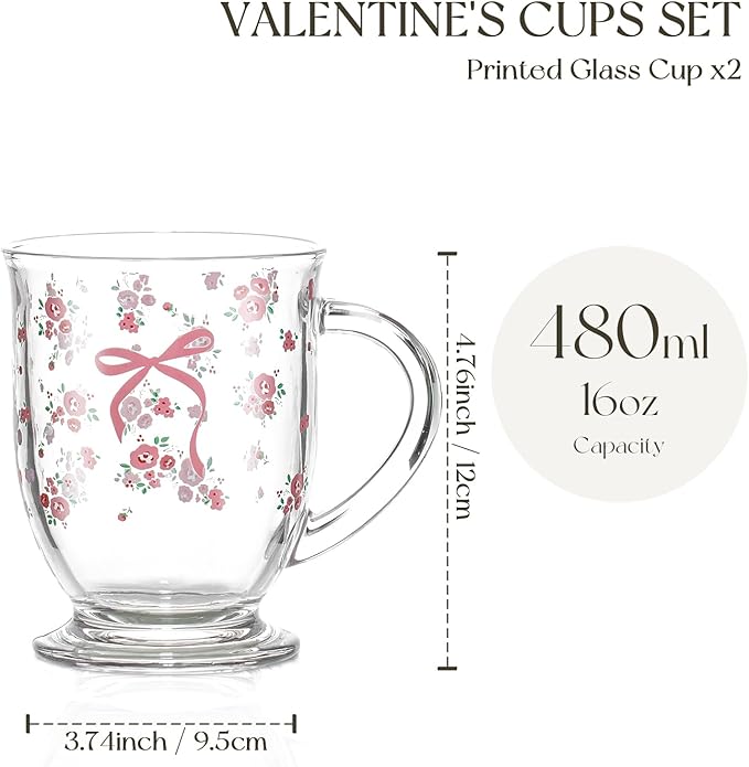 KEMORELA 16oz Valentine's glass coffee mugs Set of 2, Cute Pink Bow glass cup with Handle, Romantic Mug, Sweet Valentine's Gifts for Couple Drinking Glasses for Valentines Party- Dishwasher Safe