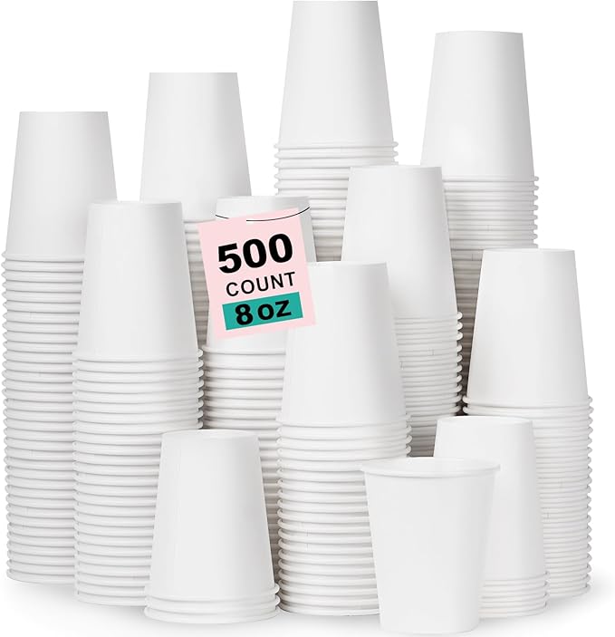 Coolcap 8 oz 500 Pack Disposable Coffee Cups, Bulk White Disposable Paper Cups, Coffee Cups for Hot Tea, Chocolate and Cold Drinks
